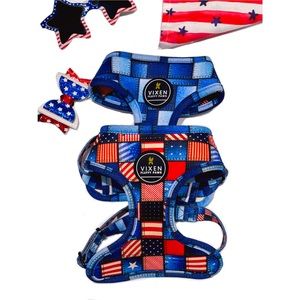Reversible Dog Harness Denim & Flag print Pawty in the USA